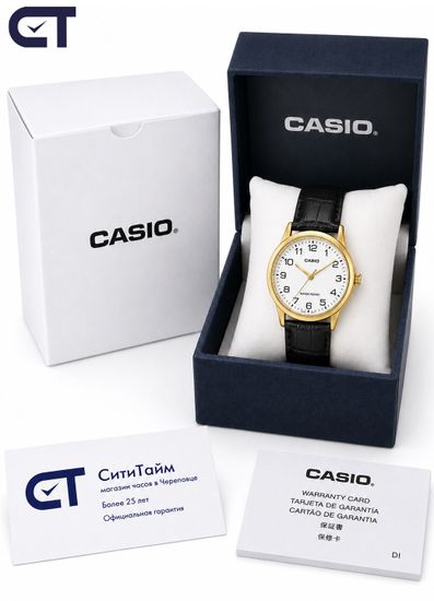 Casio MTP-V001GL-7B Standard часы наручные мужские — белый циферблат, золотистый корпус и кожаный ремешок