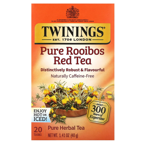 Twinings, чистый травяной чай, чистый красный чай ройбуш, без кофеина, 20 чайных пакетиков, 40 г (1,41 унции)
