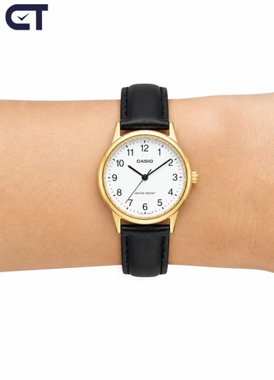 Casio LTP-V001GL-7B General часы наручные женские — золотистая классика с белым циферблатом и чёрным ремешком