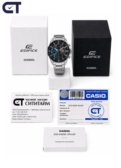 CASIO EQS-940DB-1BVUDF EDIFICE мужские наручные часы — солнечный хронограф с выразительным чёрным циферблатом