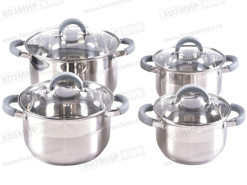 М-504 (Millet) НАБОР Кастрюль из нержавейки 4 пр. со стек.крыш (2,0л 2,8л 3,8л 6,5л)