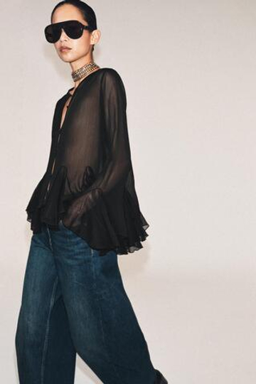 ZARA РУБАШКА ИЗ ЛЕГКОЙ ТКАНИ С ВОЛАНАМИ — ZW COLLECTION, ЧЕРНЫЙ