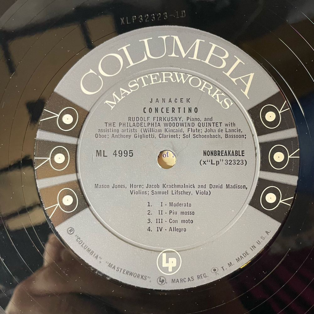 Винтажная виниловая пластинка LP Леош Яначек, Janacek, Rudolf Firkusny, Philadelphia Woodwind Quintet, Leon Lester, Concertino, Mladi (США 1955)