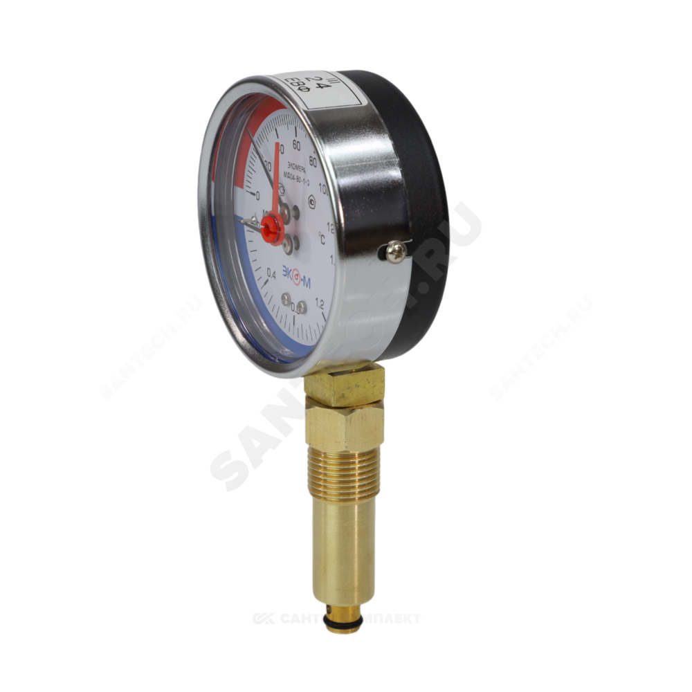 Термоманометр МД04 радиальный Дк63 0-1,0 МПа G1/4" 120С с переходником на G1/2" ЭКОМЕРА МД04-63-G-1МПа- 120-РИ