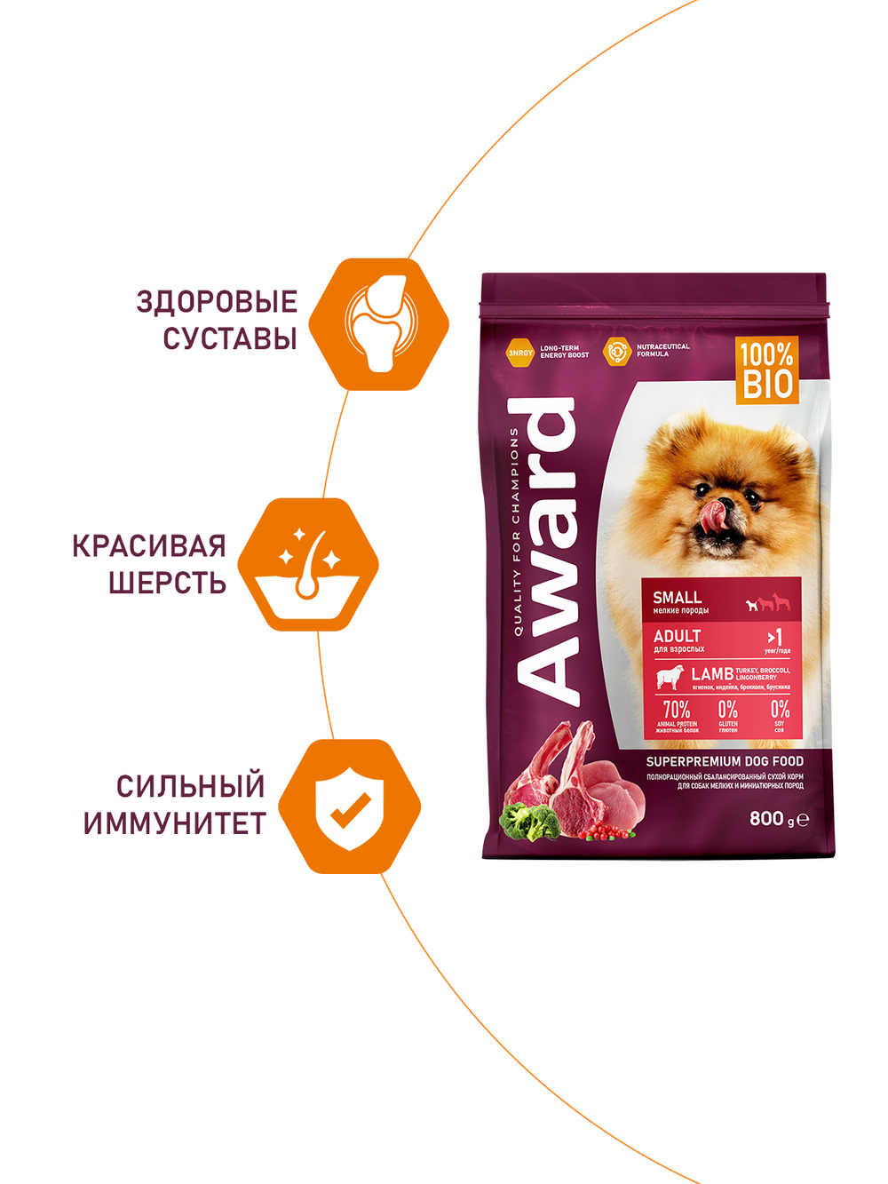 Сухой корм AWARD для взрослых собак мелких и миниатюрных пород с ягненком и индейкой с добавлением брокколи и брусники