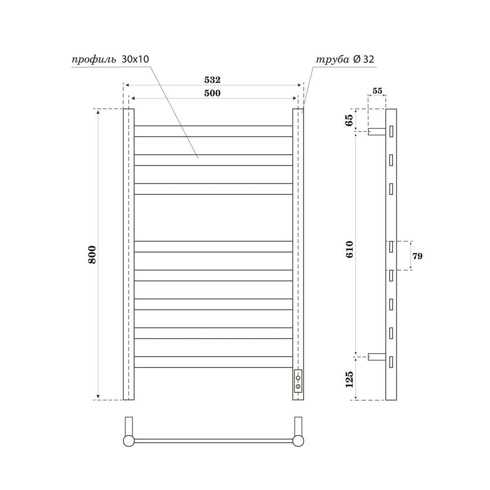 Полотенцесушитель электрический Point Селена PN16858GR П8 500x800, диммер справа, графит премиум схема