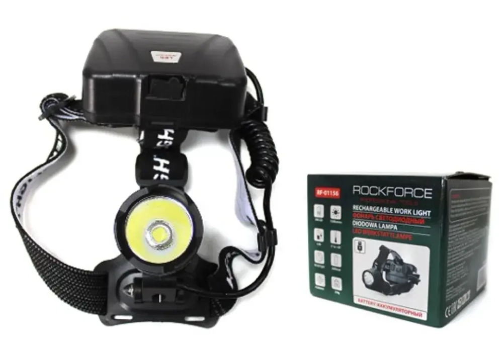 Фонарь светодиодный аккумуляторный налобный (10W LED,1500Lm,,2000mAh,зарядка12V,время раб.4ч,время заряд.6ч,защита гнезда зарядки) RockFORCE RF-01156