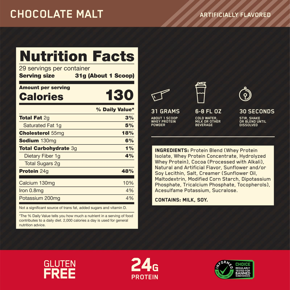 Optimum Nutrition, Gold Standard 100% Whey, шоколадный солод, 907 г (2 фунта)