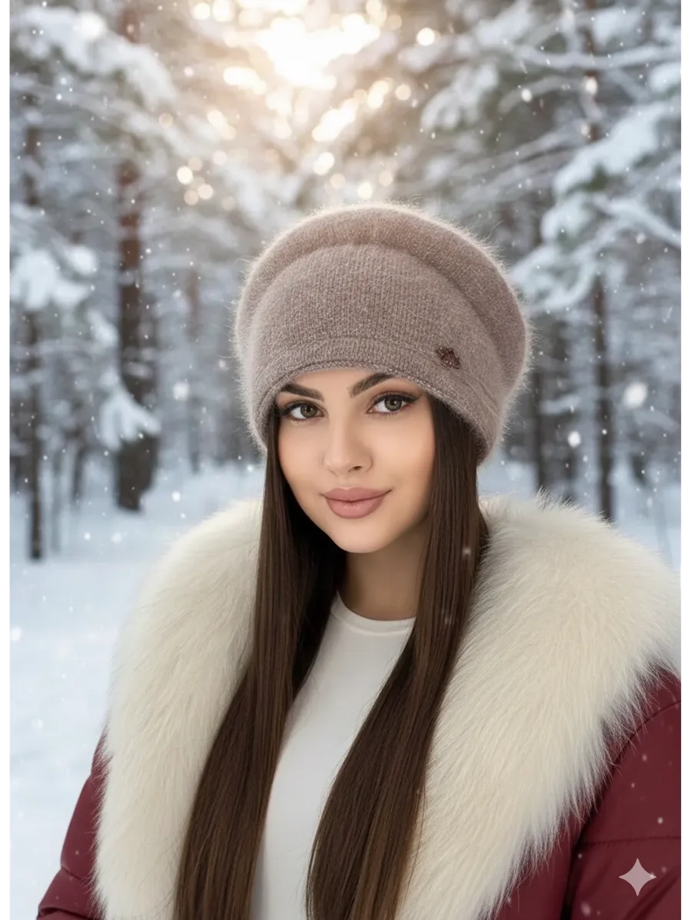 Шапка зимняя вязаная из ангоры тёплая объёмная с брошью