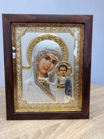 Казанская БМ, икона прямоугольная в рамке под стеклом, красный киот 206х258