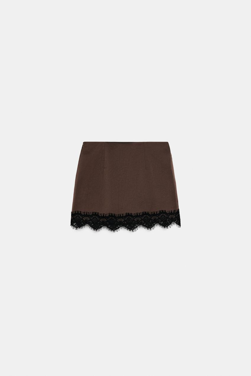 ZARA ЮБКА-ШОРТЫ С КРУЖЕВНЫМ НИЗОМ, КОРИЧНЕВЫЙ