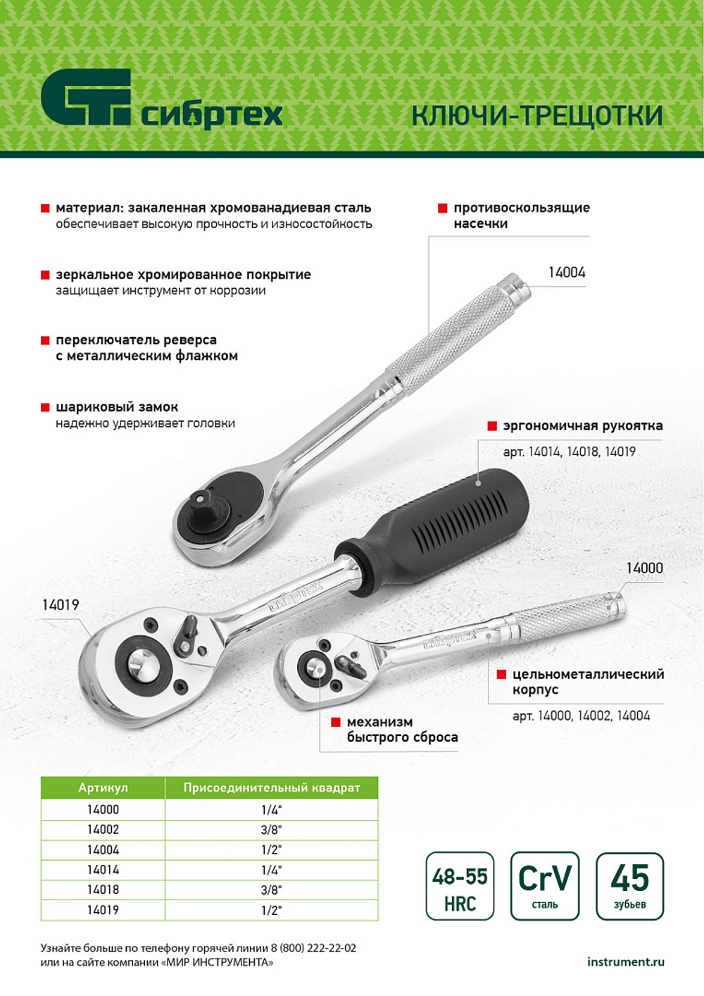 Ключ-трещотка 3/8", 45 зубьев, с быстрым сбросом, CrV, хром Сибртех