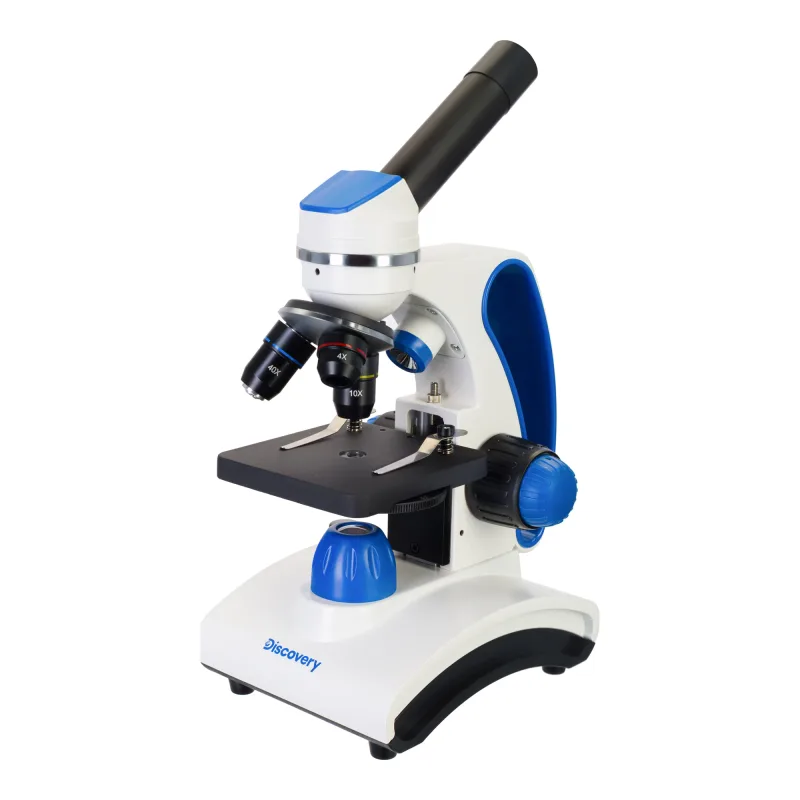 Микроскоп Levenhuk Discovery Pico Gravity с книгой - общий вид сине-белого микроскопа