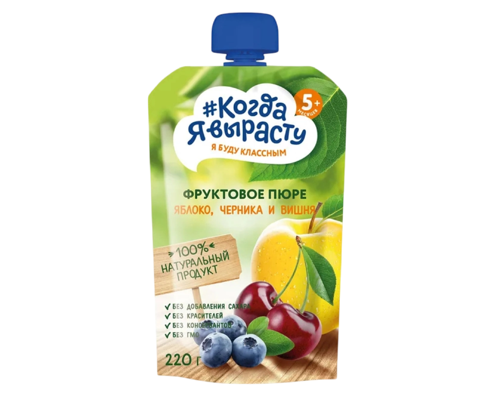 Детское пюре Когда Я Вырасту Яблоко, черника, вишня без сахара с 5 мес гомогениз. стерилизов.90г