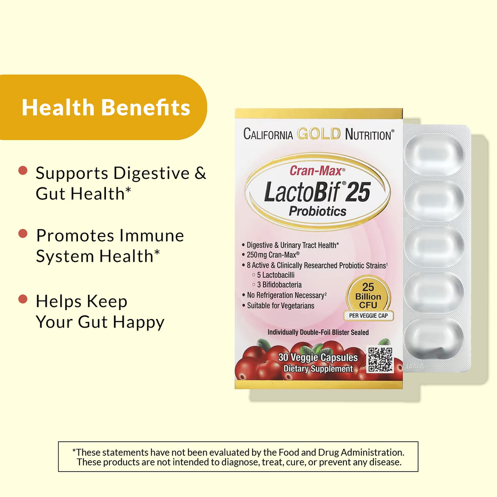 California Gold Nutrition, CranMax®, LactoBif®, пробиотики, 25 млрд КОЕ, 30 растительных капсул