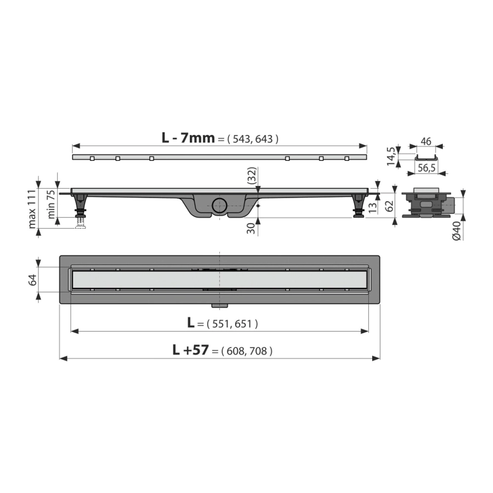 Трап Alcaplast APZ20-650 651х64х111мм нерж. с двухсторонней решеткой