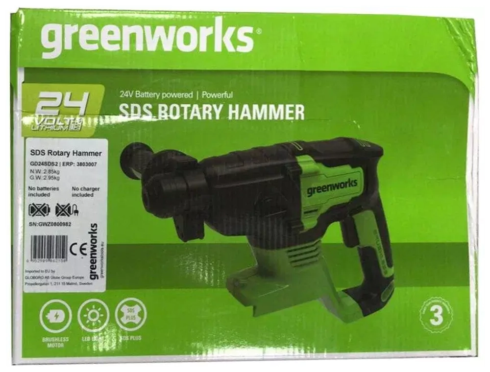 Перфоратор аккумуляторный Greenworks GD24SDS2 3803007, без аккумулятора