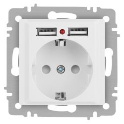 Розетка Intro Accent 6-410-01 с заземлением 2P+E Schuko со шторками 16А-250В + 2хUSB IP20 СУ белый | Intro
