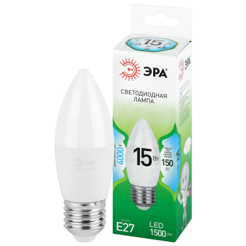 Лампа светодиодная ЭРА GREEN LINE LED B35-15W-840-E27 GL 15Вт свеча яркий белый свет E27 | Лампы cветодиодные Свеча (B/C)