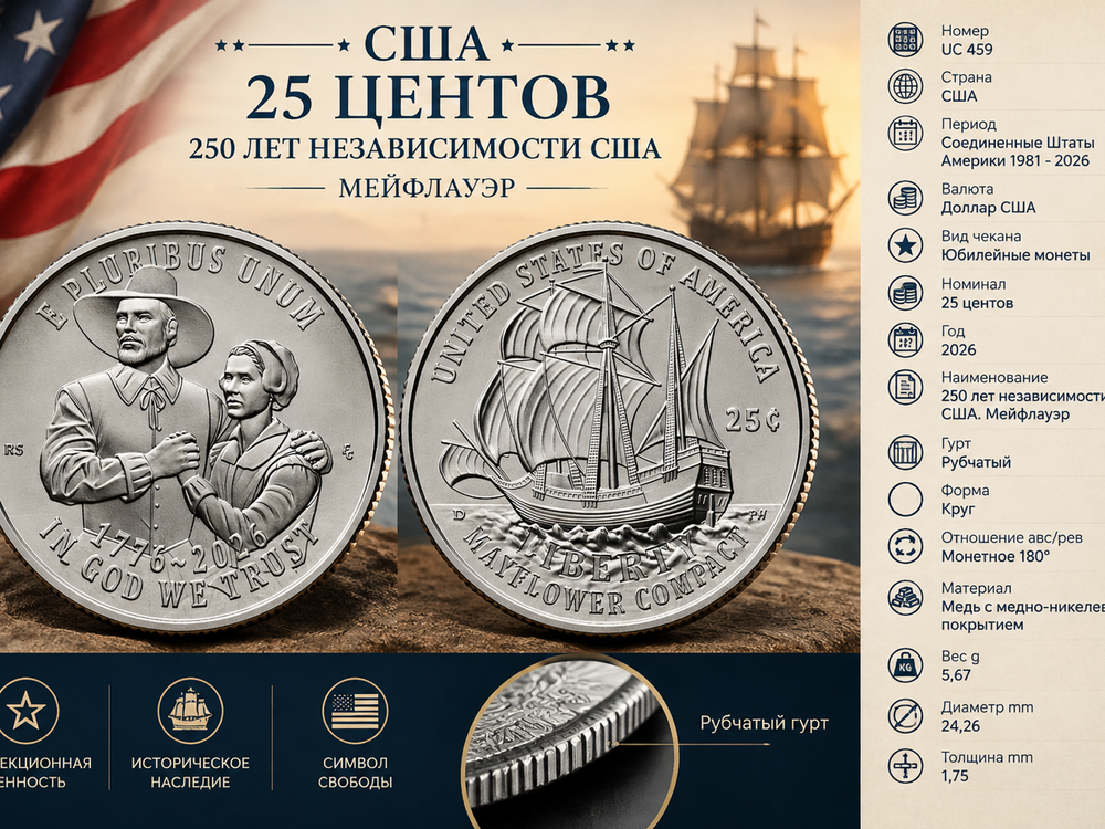 США 25 центов, 2026 D Мэйфлауэрское соглашение