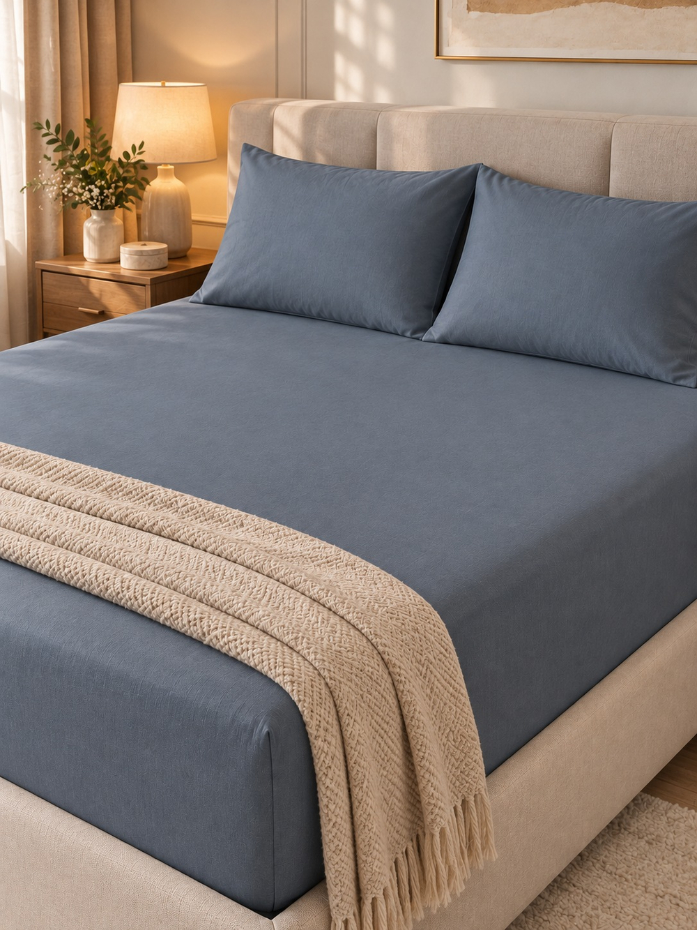 Простыня на резинке Majoli 180×200 + 2 наволочки 50×70, серо-голубой