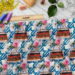 Ткань бязь яркие розы в горшке с мозаикой