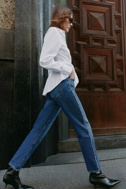 ZARA ДЖИНСЫ Z1975 SLIM STRAIGHT СО СРЕДНЕЙ ПОСАДКОЙ И ЖЕМЧУГОМ, СИНИЙ
