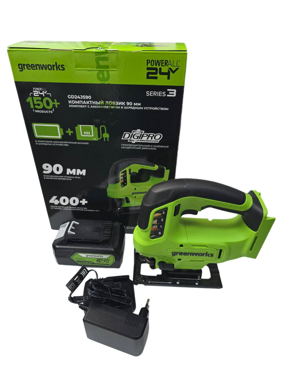 Лобзик акк. Greenworks GD24JS90, 24V, б/щет, 90 мм,0-3000/мин,4 ст.маятник,LED,1х2Ач,ЗУ,кор (3601707CUA)