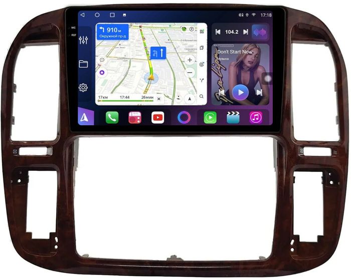 Магнитола для Toyota Land Cruiser 100, Lexus LX470 1998-2002 (кондиционер или климат внизу, рамка дерево) - FarCar BM9-2K-9608F3 монитор 9.5" 2K QLED на Android 14, Быстрая, CarPlay, 4G SIM-слот