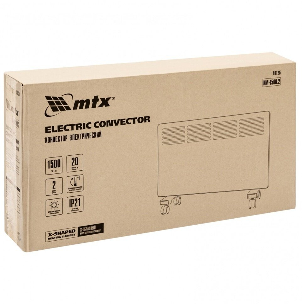 Конвектор электрический MTX КМ-1500.2, 1500 Вт, X-образный нагреватель, колеса, термостат, 98125