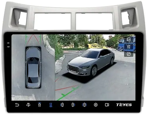 Магнитола для Toyota Vitz 2, Yaris 2 2005-2011 (рамка серебро) - Teyes CC3-2K-360 на Android 10, Быстрая, 2K QLED, CarPlay, 4G SIM-слот, 4 камеры в комплекте