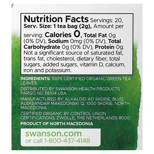 Swanson Vitamins, 100% органический зеленый чай, 20 чайных пакетиков, 40 г (1,4 унции)