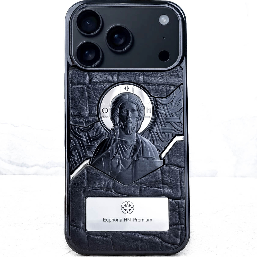 Чехол iPhone 18 Pro Max Пантократор Христос Вседержитель натуральная кожа крокодила ювелирный металл — Euphoria HM Premium Orthodox Collection