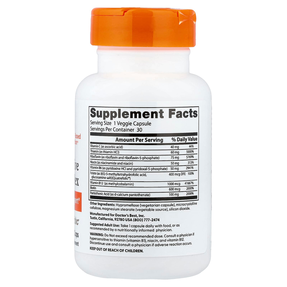 Doctor's Best, комплекс активных витаминов B с Quatrefolic, 30 вегетарианских капсул