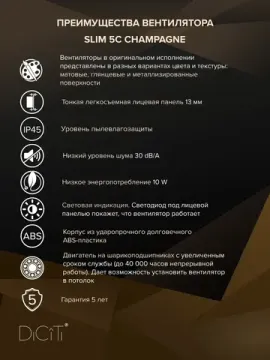 Вентилятор накладной SLIM D125 обр.клапан шампань DICITI
