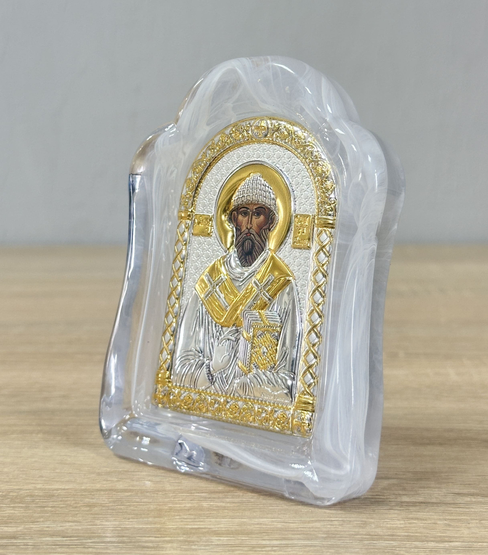 Спиридон, икона арочная, белое муранское стекло 103х147