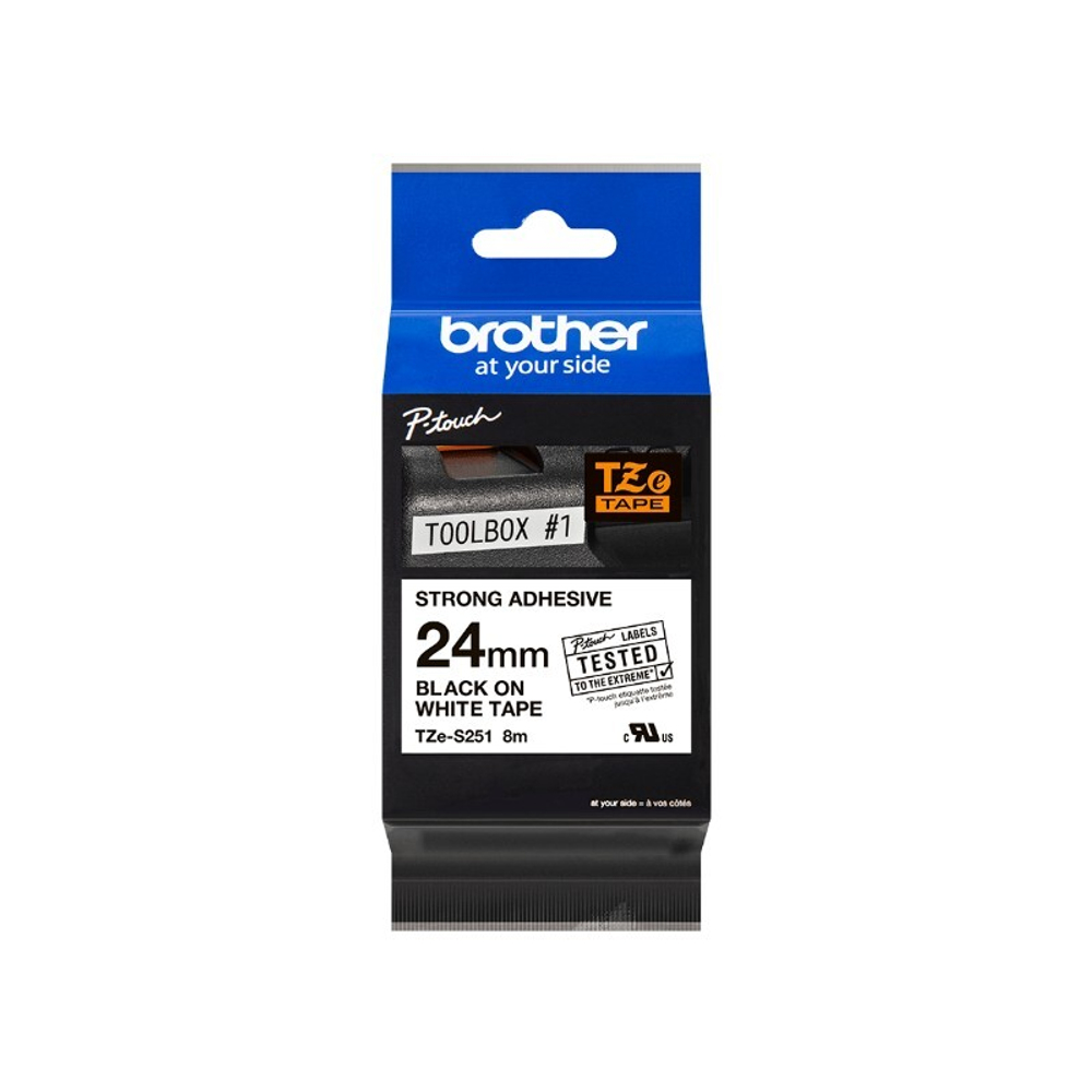 Brother TZES-251 кассета с лентой для печати наклеек повышенной адгезии, чёрный шрифт на белой основе, 24мм*8м