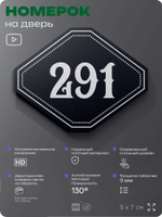 Номерок на дверь квартиры 291, для кабинета, офиса, шильдик 9 х 7 см, черный, Айдентика Технолоджи