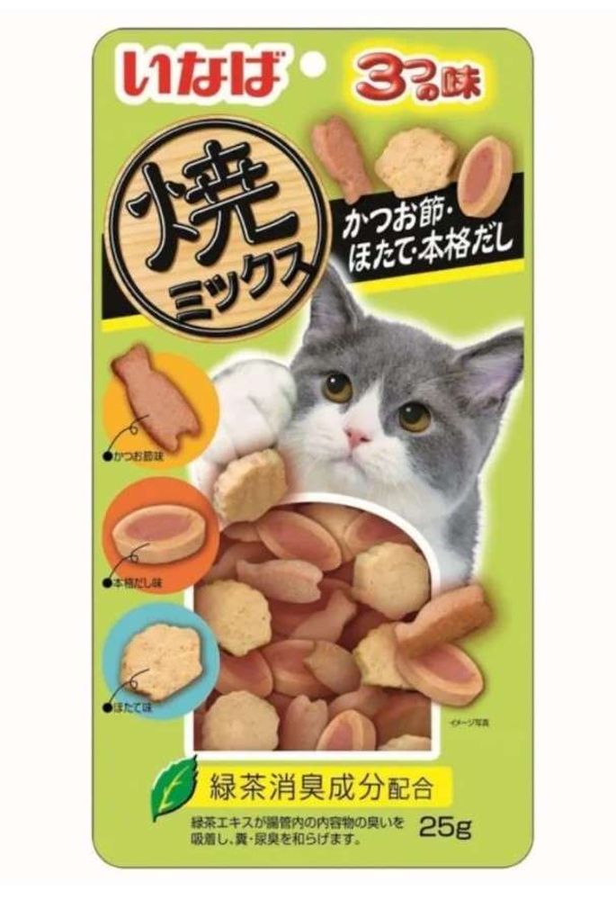 INABA Лакомство запеченное для кошек Yakimiksu ассорти со вкусом кацуобуси, морского гребешка и нава INABA Лакомство запеченное для кошек Yakimiksu ассорти со вкусом кацуобуси, морского гребешка и нава