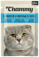 КОРМ КОНСЕРВИРОВАННЫЙ Д/КОШЕК CHAMMY С ЛОСОСЕМ И ФОРЕЛЬЮ 85ГР