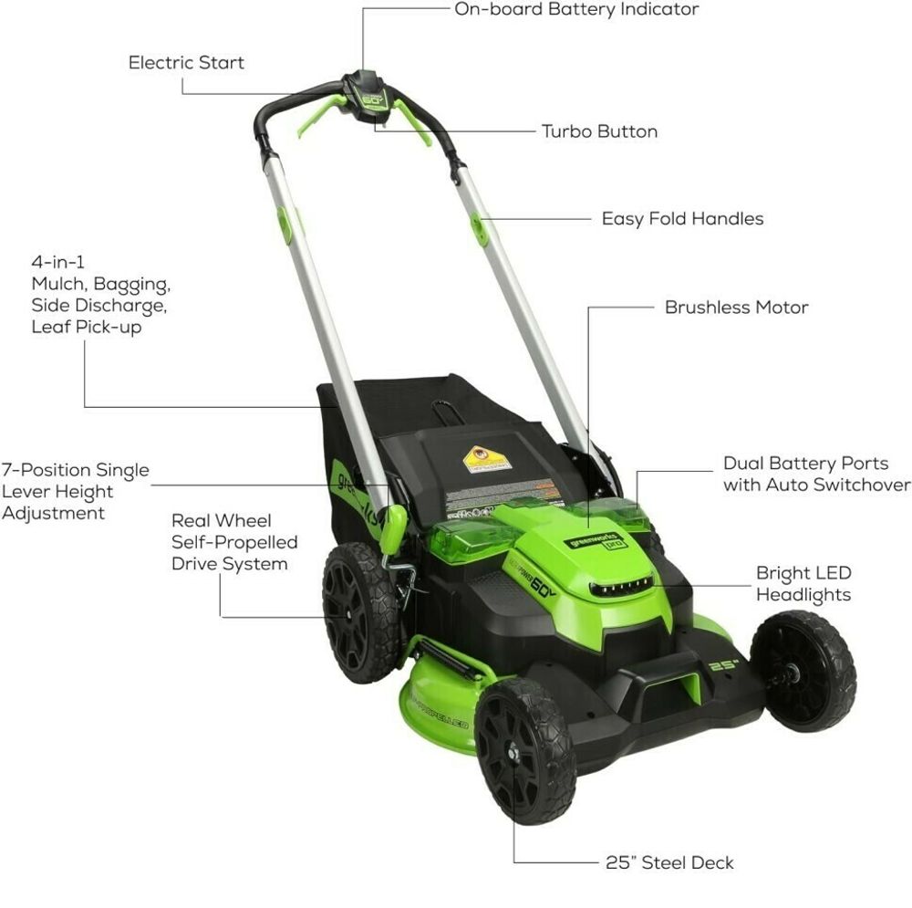 Cамоходная аккумуляторная газонокосилка Greenworks GD60LM61 Twin Force, 60v, 61 см, (2519107UH), с аккумулятором 8 А·ч и зарядным устройством