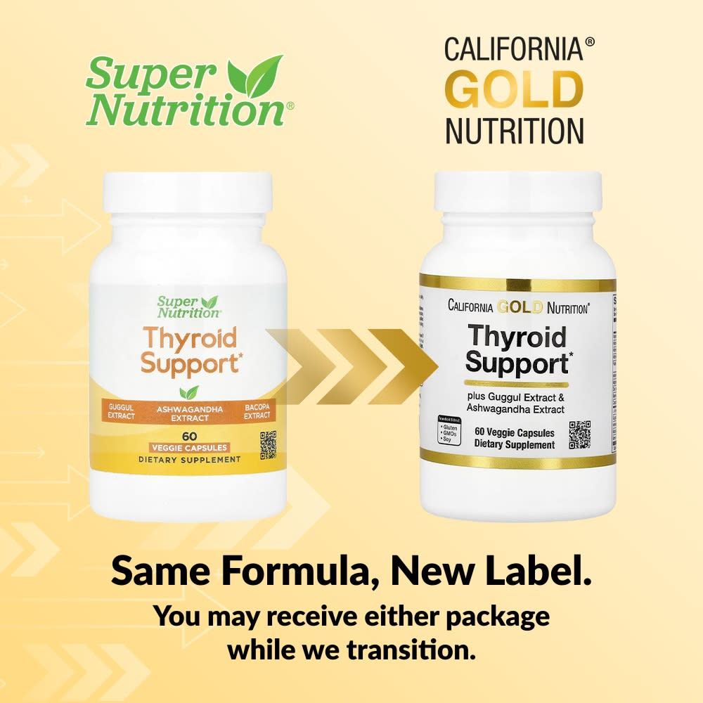 California Gold Nutrition, добавка для поддержки щитовидной железы с экстрактами гуггула, ашваганды, бакопы и зелёного чая, 60 растительных капсул