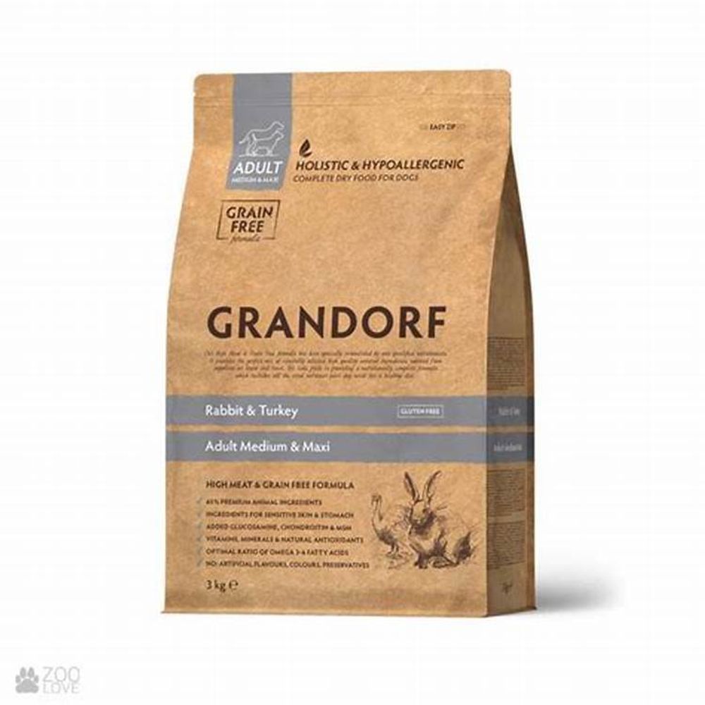 Grandorf 3кг Rabbit &amp; Turkey Medium &amp; Maxi Holistic Grain Free для собак средних и крупных пород, беззерновой, кролик с индейкой