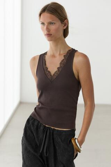 Massimo Dutti Топ с V-образным вырезом и кружевом, коричневый
