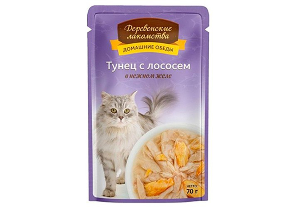 ДЕРЕВЕНСКИЕ ЛАКОМСТВА Домашние обеды Влажный корм для взрослых кошек с тунцом и лососем 0,07 кг