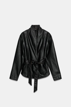 ZARA КУРТКА ИЗ ИСКУССТВЕННОЙ КОЖИ С ПОЯСОМ — ZW COLLECTION, ТЕМНО-КОРИЧНЕВЫЙ