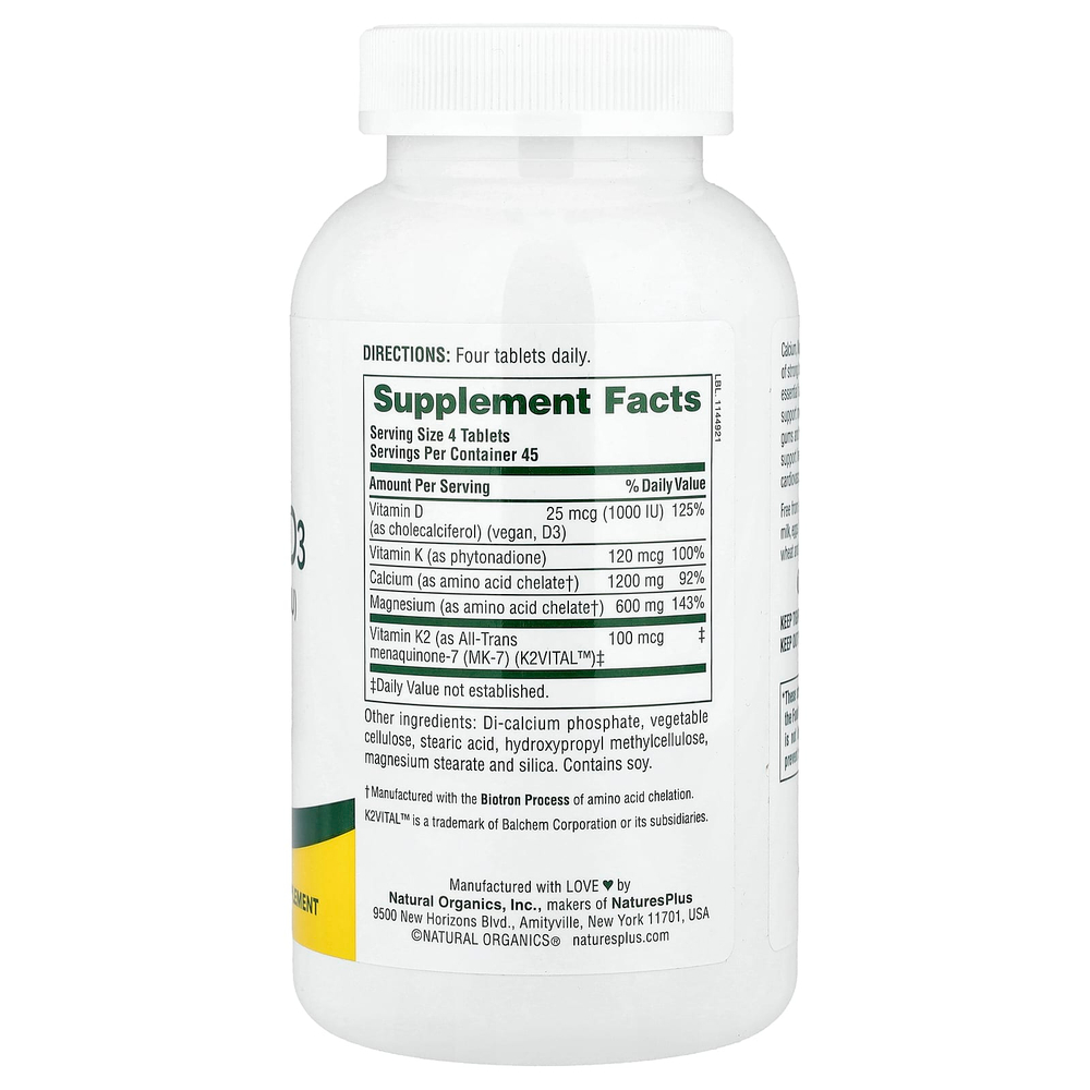 NaturesPlus, комплекс с кальцием, магнием, витаминами D3 и К2, 180 таблеток