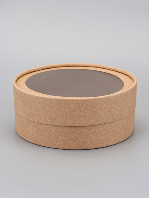 Коробка круглая подарочная, завальцованная с окном, крафт, 15×6 см
