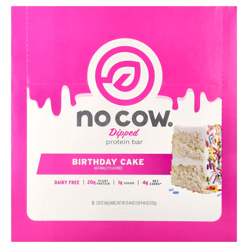 No Cow, протеиновый батончик в глазури, со вкусом праздничного торта, 12 батончиков по 60 г (2,12 унции)