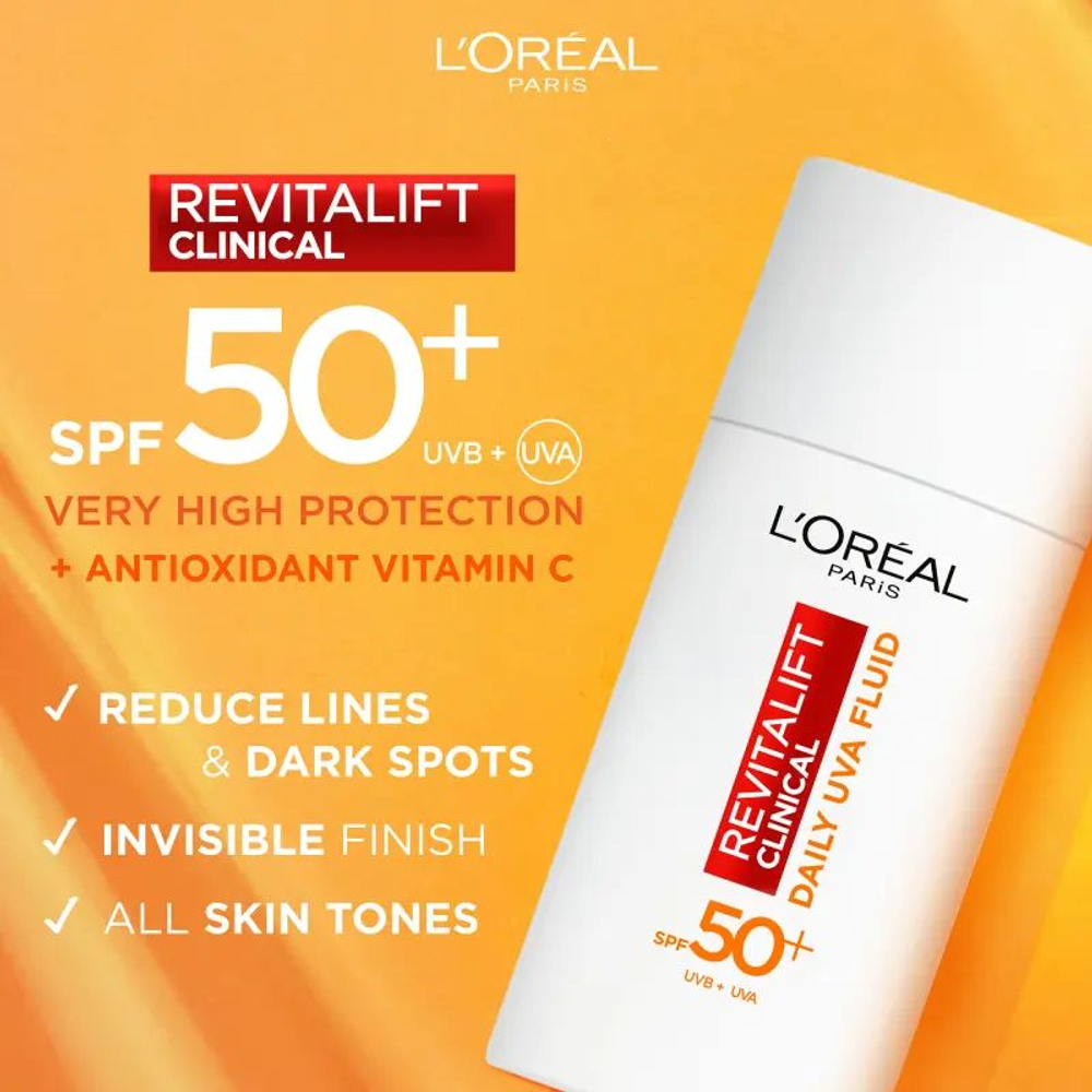 Помятая коробка Солнцезащитный крем-флюид L'Orаl Revitalift Clinical SPF50, увлажняющий с витамином С, 50 мл (Франция)